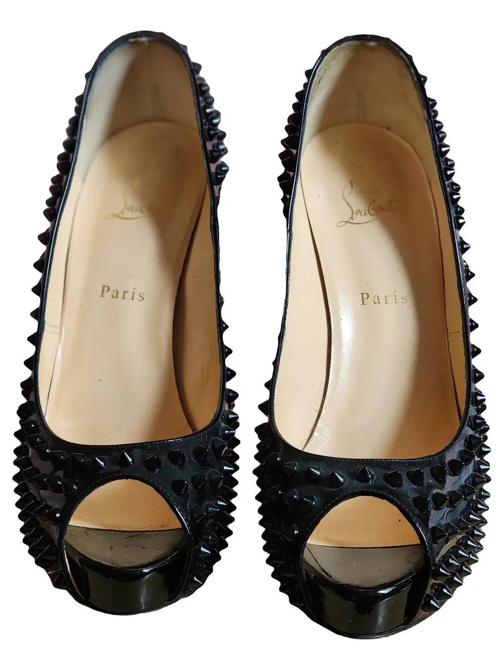 Christian Louboutin Black Studded Peep-Toe Pumps, Size 42